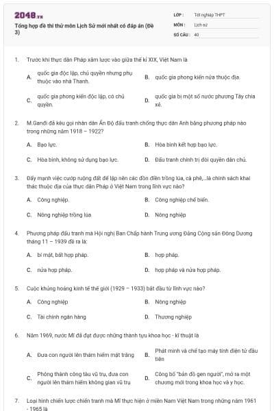Tổng hợp đề thi thử môn Lịch Sử mới nhất có đáp án (Đề 3)