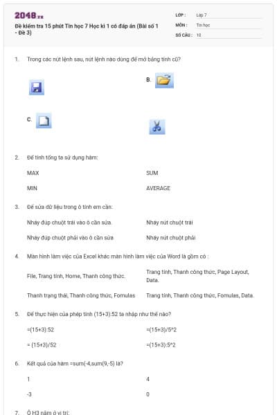 Đề kiểm tra 15 phút Tin học 7 Học kì 1 có đáp án (Bài số 1 - Đề 3)