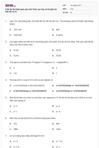 5 Đề thi thử thpt quốc gia môn Toán cực hay có lời giải chi tiết (đề số 4)