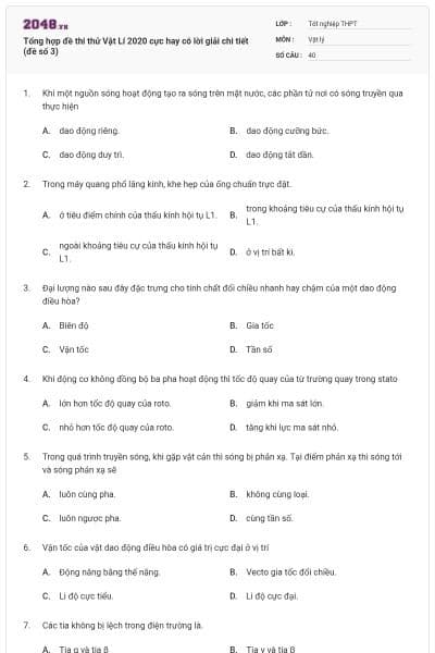 Tổng hợp đề thi thử Vật Lí 2020 cực hay có lời giải chi tiết (đề số 3)