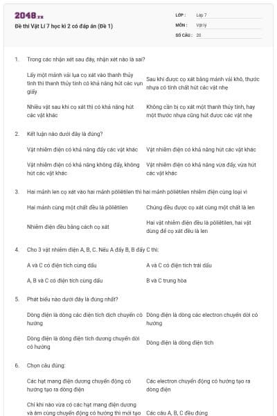 Đề thi Vật Lí 7 học kì 2 có đáp án (Đề 1)