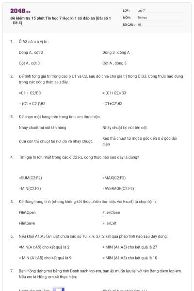 Đề kiểm tra 15 phút Tin học 7 Học kì 1 có đáp án (Bài số 1 - Đề 4)