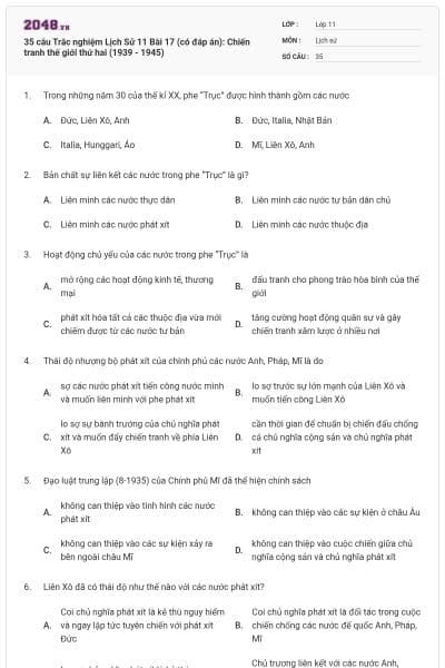 35 câu Trắc nghiệm Lịch Sử 11 Bài 17 (có đáp án): Chiến tranh thế giới thứ hai (1939 - 1945)