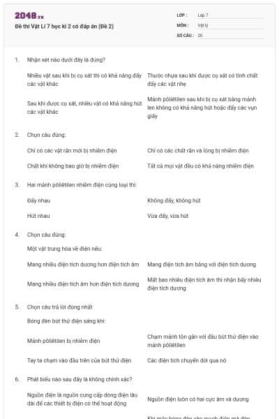 Đề thi Vật Lí 7 học kì 2 có đáp án (Đề 2)