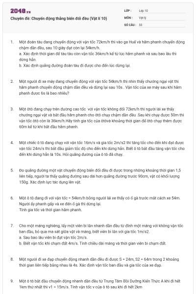 Chuyên đề: Chuyển động thẳng biến đổi đều (Vật lí 10)