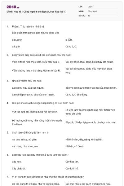 Đề thi Học kì 1 Công nghệ 6 có đáp án, cực hay (Đề 1)