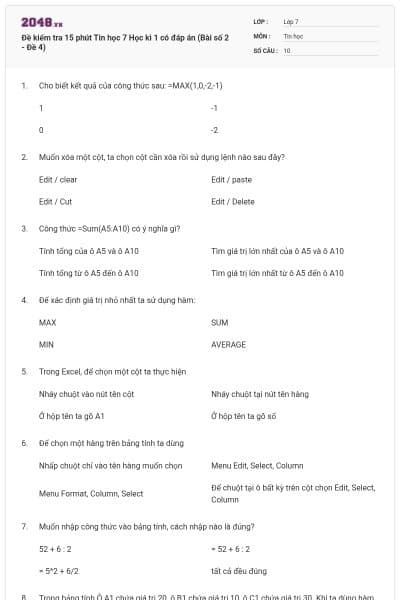 Đề kiểm tra 15 phút Tin học 7 Học kì 1 có đáp án (Bài số 2 - Đề 4)