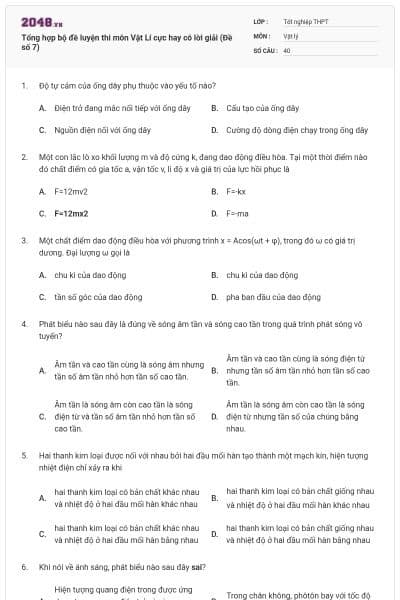 Tổng hợp bộ đề luyện thi môn Vật Lí cực hay có lời giải (Đề số 7)