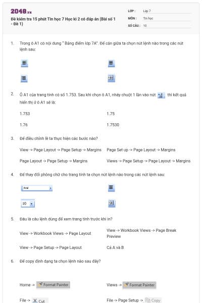 Đề kiểm tra 15 phút Tin học 7 Học kì 2 có đáp án (Bài số 1 - Đề 1)