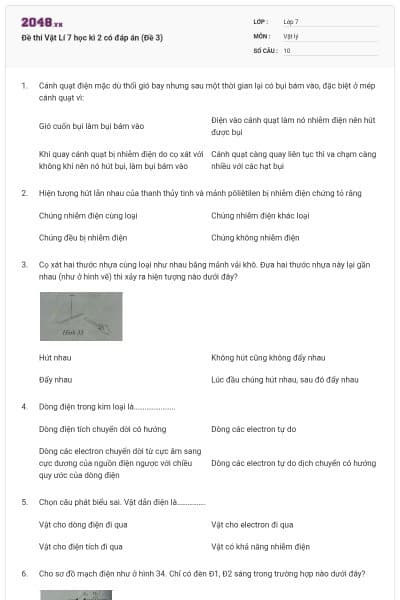 Đề thi Vật Lí 7 học kì 2 có đáp án (Đề 3)