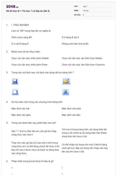 Đề thi Học kì 1 Tin học 7 có đáp án (Đề 4)