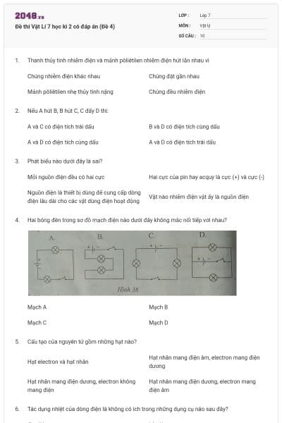 Đề thi Vật Lí 7 học kì 2 có đáp án (Đề 4)