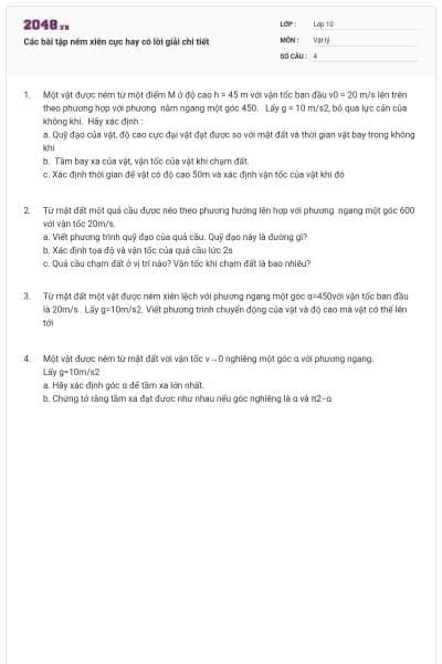 Các bài tập ném xiên cực hay có lời giải chi tiết