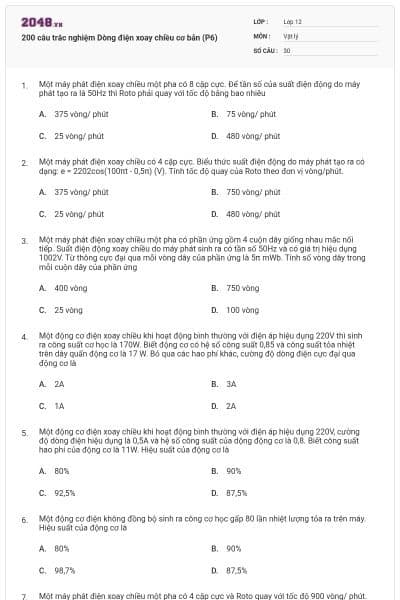200 câu trắc nghiệm Dòng điện xoay chiều cơ bản (P6)