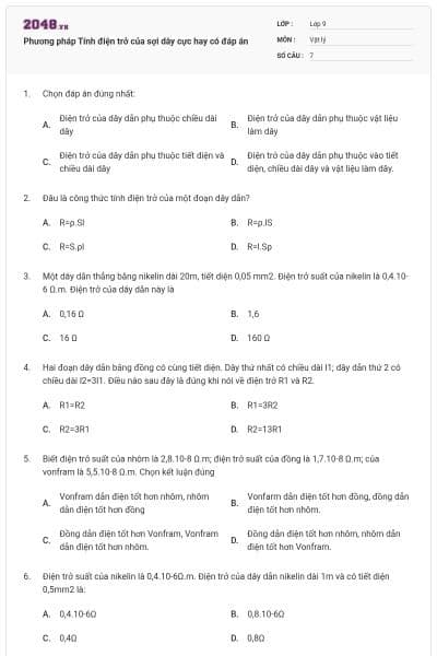 Phương pháp Tính điện trở của sợi dây cực hay có đáp án