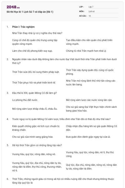 Đề thi Học kì 1 Lịch Sử 7 có đáp án (Đề 1)