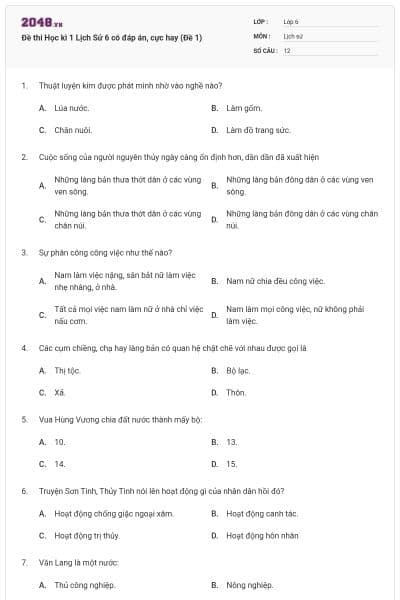 Đề thi Học kì 1 Lịch Sử 6 có đáp án, cực hay (Đề 1)