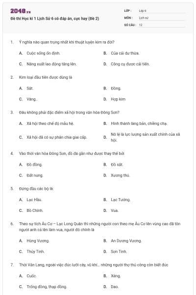 Đề thi Học kì 1 Lịch Sử 6 có đáp án, cực hay (Đề 2)