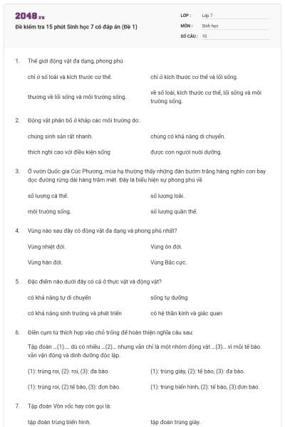 Đề kiểm tra 15 phút Sinh học 7 có đáp án (Đề 1)