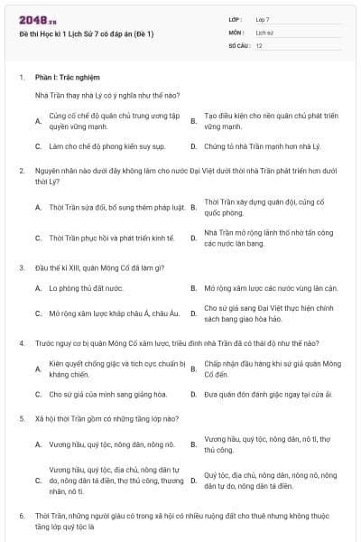 Đề thi Học kì 1 Lịch Sử 7 có đáp án (Đề 1)