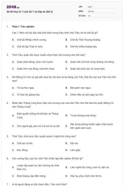Đề thi Học kì 1 Lịch Sử 7 có đáp án (Đề 2)