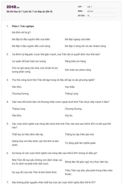 Đề thi Học kì 1 Lịch Sử 7 có đáp án (Đề 4)