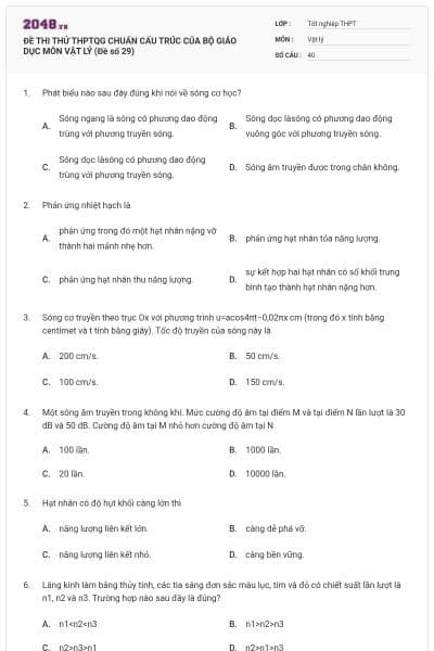 ĐỀ THI THỬ THPTQG CHUẨN CẤU TRÚC CỦA BỘ GIÁO DỤC MÔN VẬT LÝ (Đề số 29)