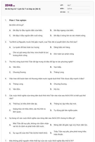 Đề thi Học kì 1 Lịch Sử 7 có đáp án (Đề 4)