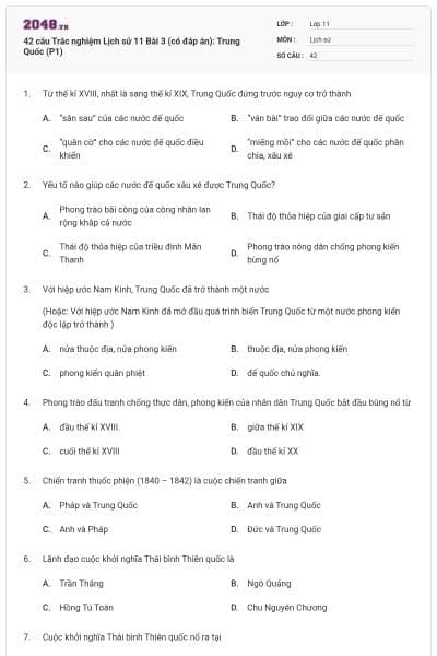 42 câu Trắc nghiệm Lịch sử 11 Bài 3 (có đáp án): Trung Quốc (P1)