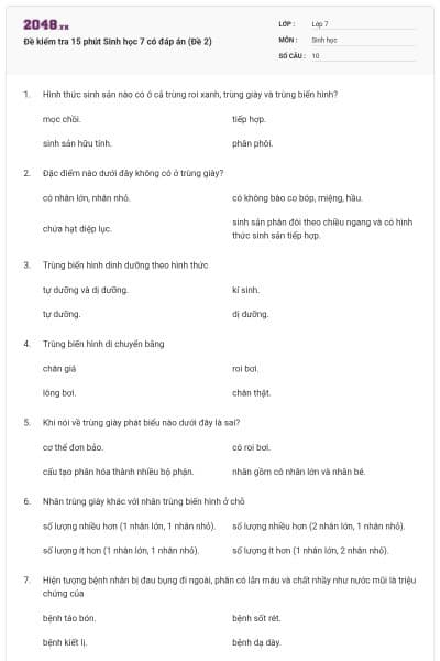 Đề kiểm tra 15 phút Sinh học 7 có đáp án (Đề 2)