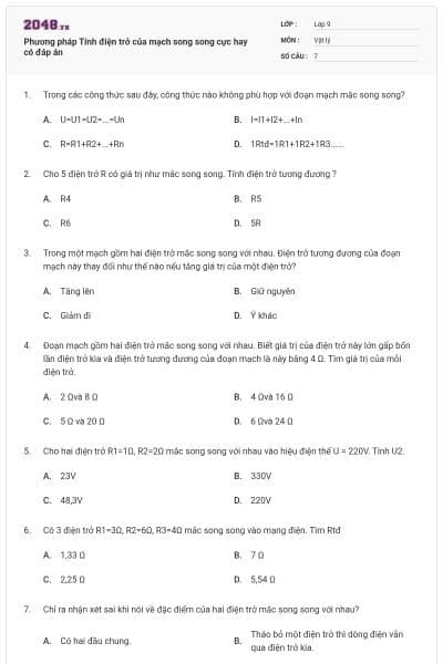 Phương pháp Tính điện trở của mạch song song cực hay có đáp án