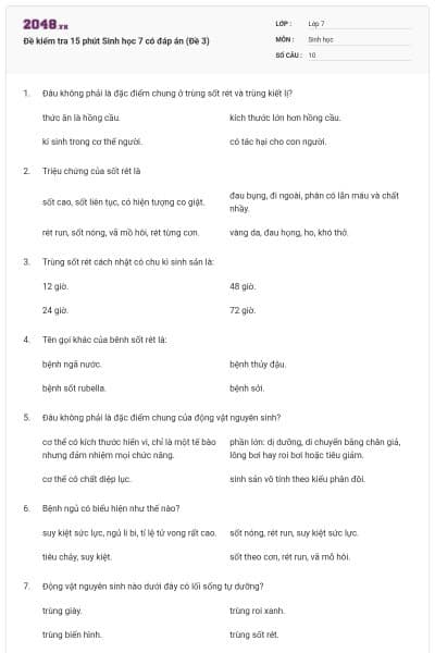 Đề kiểm tra 15 phút Sinh học 7 có đáp án (Đề 3)