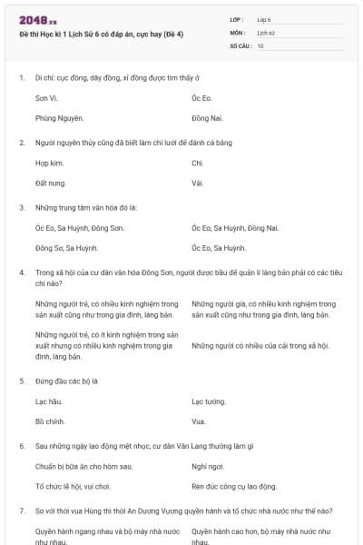 Đề thi Học kì 1 Lịch Sử 6 có đáp án, cực hay (Đề 4)