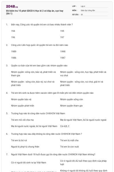 Đề kiểm tra 15 phút GDCD 6 Học kì 2 có đáp án, cực hay (Đề 1)