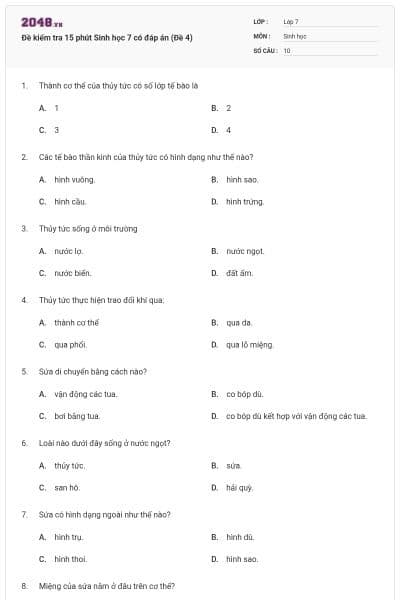 Đề kiểm tra 15 phút Sinh học 7 có đáp án (Đề 4)