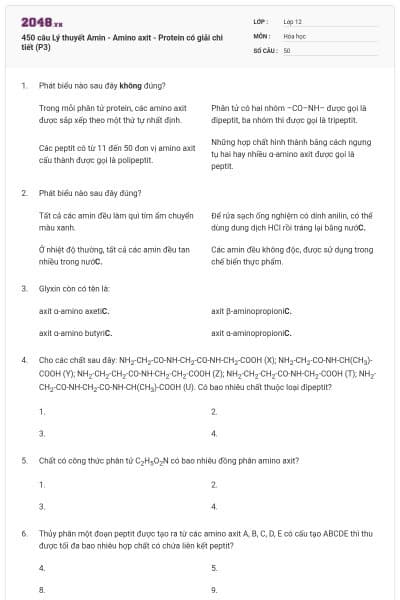 450 câu Lý thuyết Amin - Amino axit - Protein có giải chi tiết (P3)
