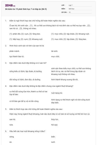 Đề kiểm tra 15 phút Sinh học 7 có đáp án (Đề 5)