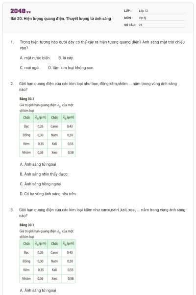 Bài 30: Hiện tượng quang điện. Thuyết lượng tử ánh sáng
