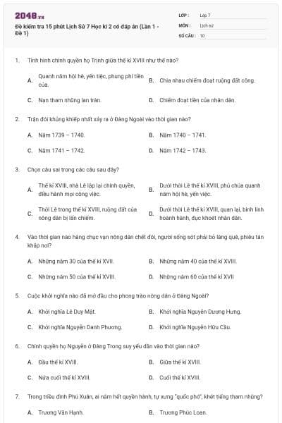 Đề kiểm tra 15 phút Lịch Sử 7 Học kì 2 có đáp án (Lần 1 - Đề 1)