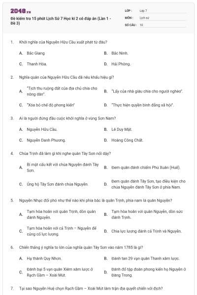 Đề kiểm tra 15 phút Lịch Sử 7 Học kì 2 có đáp án (Lần 1 - Đề 3)