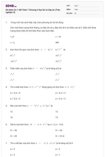 Đề kiểm tra 1 tiết Toán 7 Chương 4 Đại Số có đáp án (Trắc nghiệm 4)