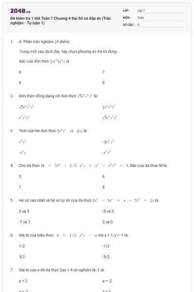 Đề kiểm tra 1 tiết Toán 7 Chương 4 Đại Số có đáp án (Trắc nghiệm - Tự luận 1)