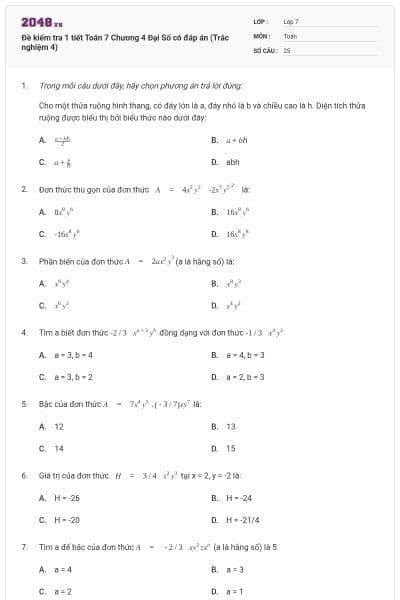 Đề kiểm tra 1 tiết Toán 7 Chương 4 Đại Số có đáp án (Trắc nghiệm 4)