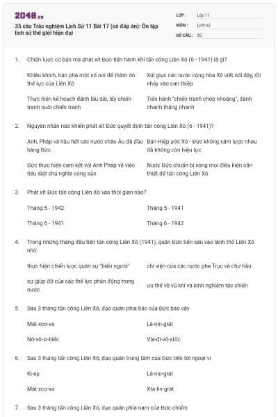 35 câu  Trắc nghiệm Lịch Sử 11 Bài 17 (có đáp án): Ôn tập lịch sử thế giới hiện đại