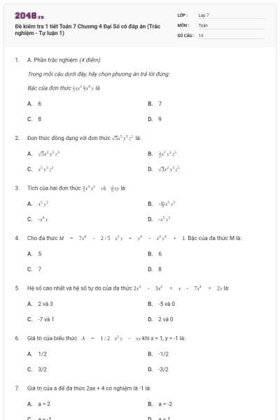 Đề kiểm tra 1 tiết Toán 7 Chương 4 Đại Số có đáp án (Trắc nghiệm - Tự luận 1)