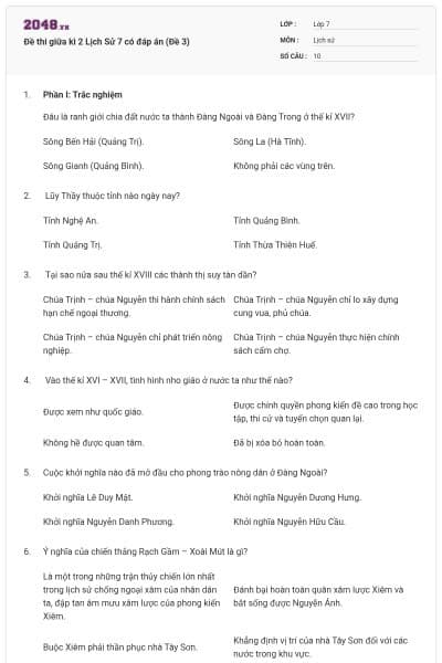 Đề thi giữa kì 2 Lịch Sử 7 có đáp án (Đề 3)
