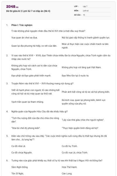 Đề thi giữa kì 2 Lịch Sử 7 có đáp án (Đề 4)
