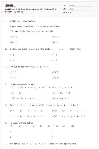 Đề kiểm tra 1 tiết Toán 7 Chương 4 Đại Số có đáp án (Trắc nghiệm - Tự luận 2)