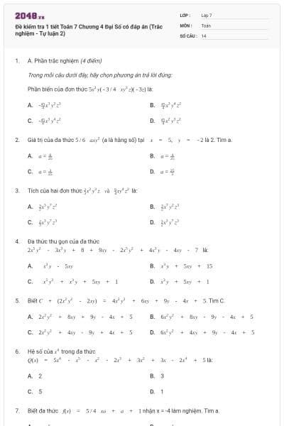 Đề kiểm tra 1 tiết Toán 7 Chương 4 Đại Số có đáp án (Trắc nghiệm - Tự luận 2)