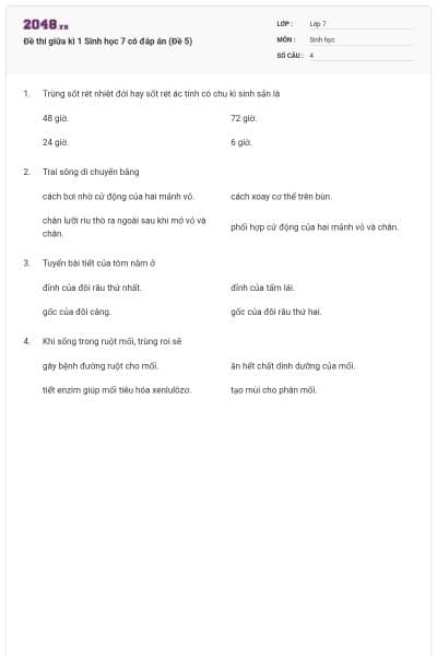 Đề thi giữa kì 1 Sinh học 7 có đáp án (Đề 5)